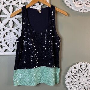 J. Crew Blocked Sequin Tank Top Sequence Medium Navy Aqua